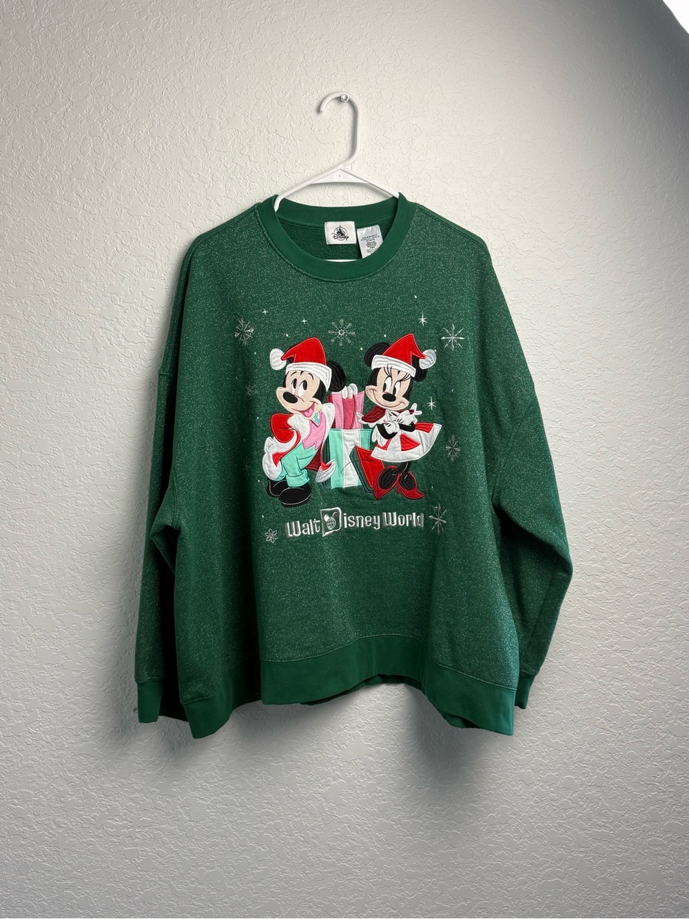 Disney Green Mickey & Minnie Holiday Crewneck Sweatshirt
